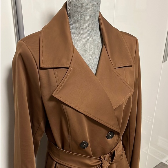 PINK TARTAN NWOT Double-Breasted Brown Trench Coat Lined, Size L - Picture 2 of 11